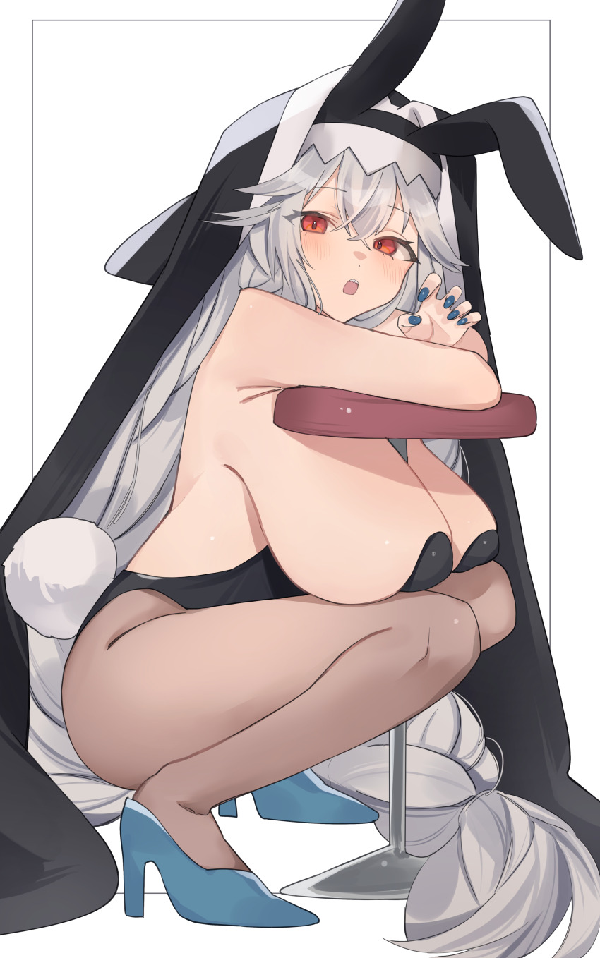 1girl, absurdres, animal_ears, arknights, bar_stool, black_headwear, black_leotard, black_veil, blue_nails, blue_shoes, braid, braided_ponytail, breast_rest, breasts, brown_pantyhose, chunta, claw_pose, fake_animal_ears, from_side, grey_hair, high_heels, highres, huge_breasts, leotard, long_hair, looking_at_viewer, looking_to_the_side, nail_polish, nun_headdress, open_mouth, pantyhose, playboy_bunny, rabbit_tail, red_eyes, shoes, simple_background, solo, specter_(arknights), squatting, stool, strapless, strapless_leotard, tail, veil, very_long_hair, white_background, white_hair