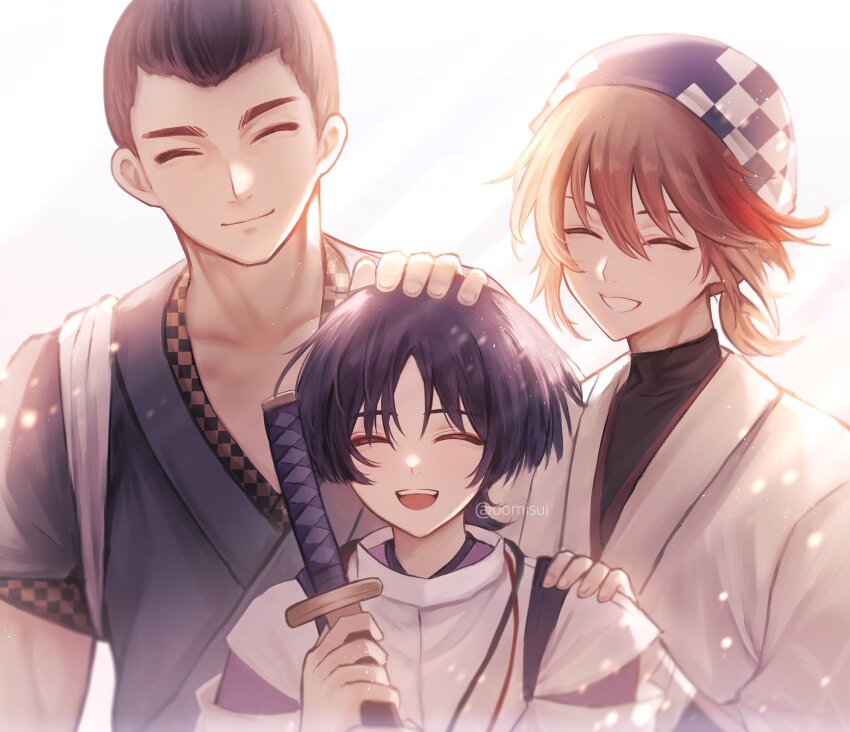 3boys, absurdres, artist_name, bandaged_arm, bandages, black_hair, black_sweater, blue_shirt