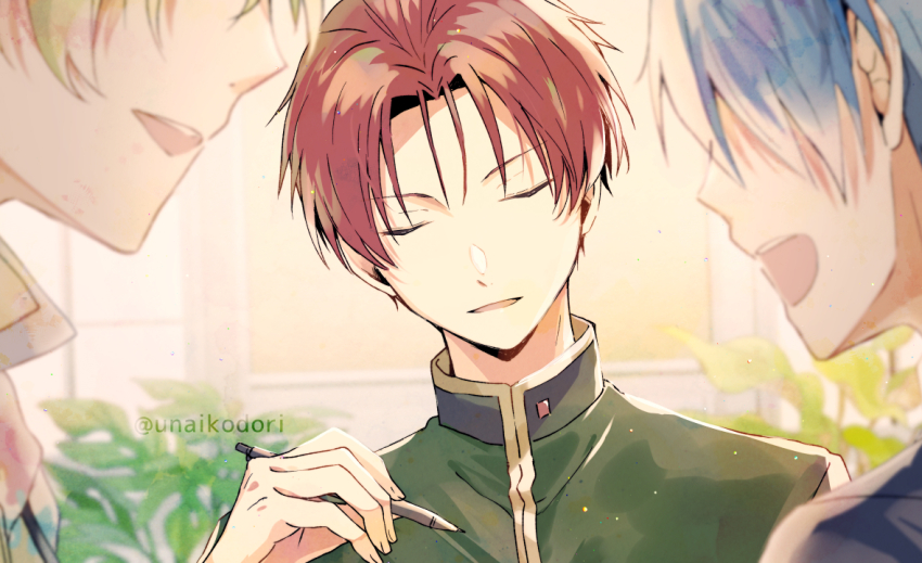 3boys, amamine_shu, blue_hair, c.first_(idolmaster), closed_eyes, fingernails, hanazono_momohito, holding