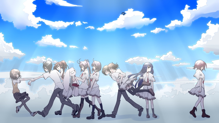 2boys, 6+girls, backbeard, bad_id, bad_pixiv_id, brother_and_sister, cloud, day, doll, everyone, happy, highres, hug, kobatt, mamiya_hasaki, mamiya_takuji, minakami_yuki, multiple_boys, multiple_girls, otonashi_ayana, school_uniform, siblings, sisters, sky, smile, subarashiki_hibi, tachibana_kimika, takashima_zakuro, wakatsuki_kagami, wakatsuki_tsukasa, walking, when_you_see_it, yuuki_tomosane