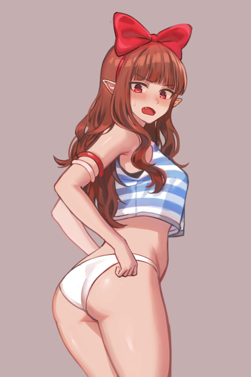 1girl, armpit_crease, ass, bare_shoulders, blue_shirt, blunt_bangs, blush, bow
