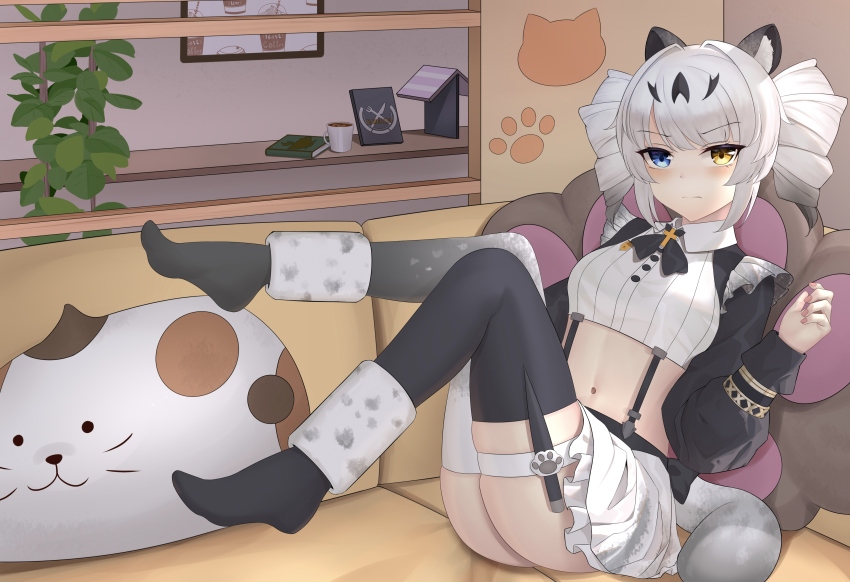 1girl, absurdres, animal_ears, black_thighhighs, blue_eyes, breasts, cat_ears, drill_hair