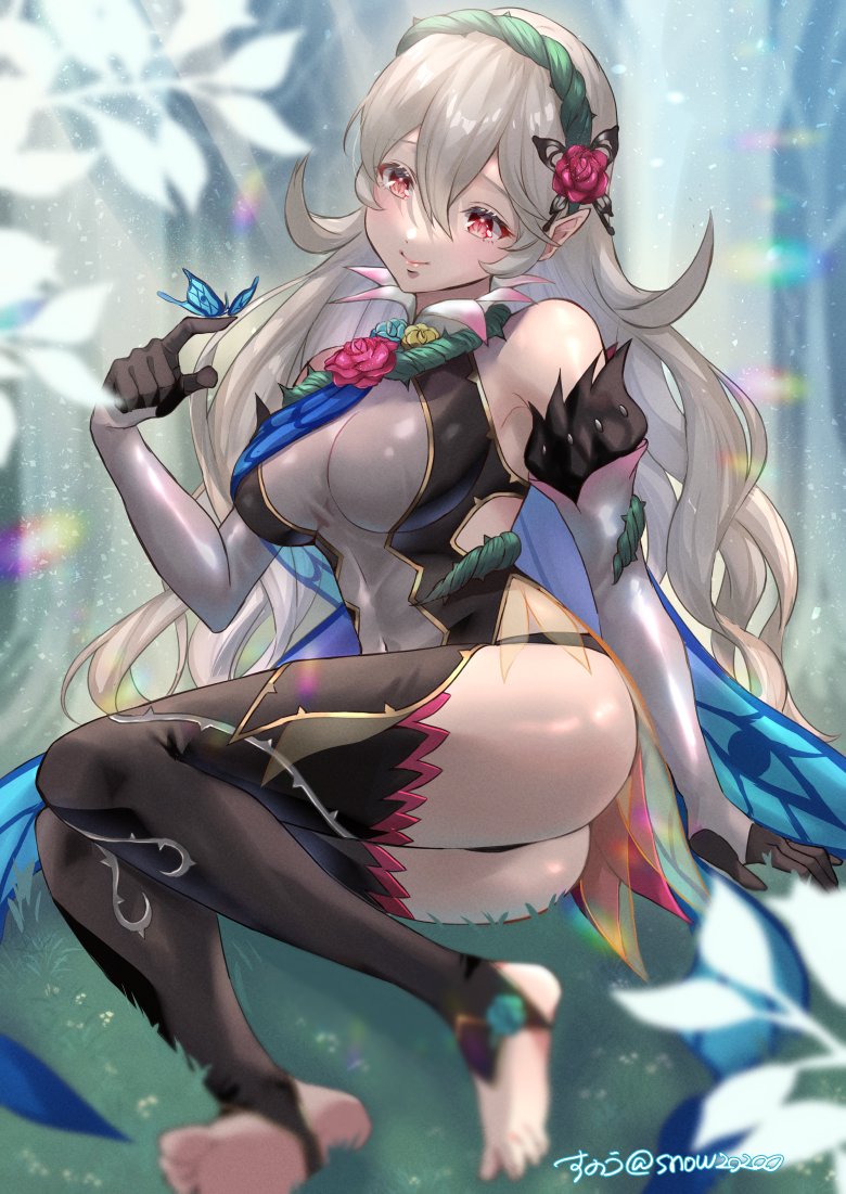 1girl, ass, bare_shoulders, black_gloves, black_panties, black_thighhighs, blonde_hair, blurry, breasts, bug, butterfly, female_corrin_(fire_emblem), female_corrin_(resplendent)_(fire_emblem), covered_navel, depth_of_field, dress, elbow_gloves, fire_emblem, fire_emblem_fates, fire_emblem_heroes, flower, gloves, hair_flower, hair_ornament, hairband, insect, large_breasts, long_hair, looking_at_animal, nintendo, official_alternate_costume, panties, panty_straps, pointy_ears, red_eyes, see-through_clothes, sleeveless, sleeveless_dress, sleeveless_turtleneck, slit_pupils, smile, snow20200, solo, spread_toes, stirrup_legwear, thighhighs, toeless_legwear, toes, turtleneck, turtleneck_dress, twitter_username, underwear
