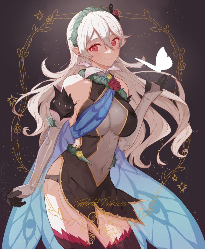 1girl, bare_shoulders, black_panties, breasts, cleavage, female_corrin_(fire_emblem), female_corrin_(resplendent)_(fire_emblem), detached_sleeves, fffera, fire_emblem, fire_emblem_fates, fire_emblem_heroes, gloves, hair_between_eyes, hairband, highres, large_breasts, long_hair, looking_at_viewer, midriff, navel, nintendo, official_alternate_costume, panties, panty_straps, pointy_ears, red_eyes, see-through_clothes, smile, solo, thighhighs, underwear, white_hair