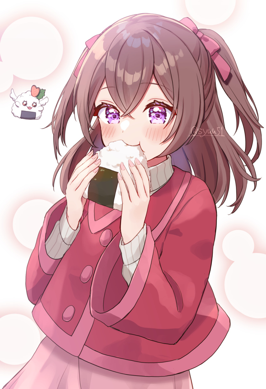 1girl, absurdres, blush, brown_hair, commentary_request, delicious_party_precure, eating, food