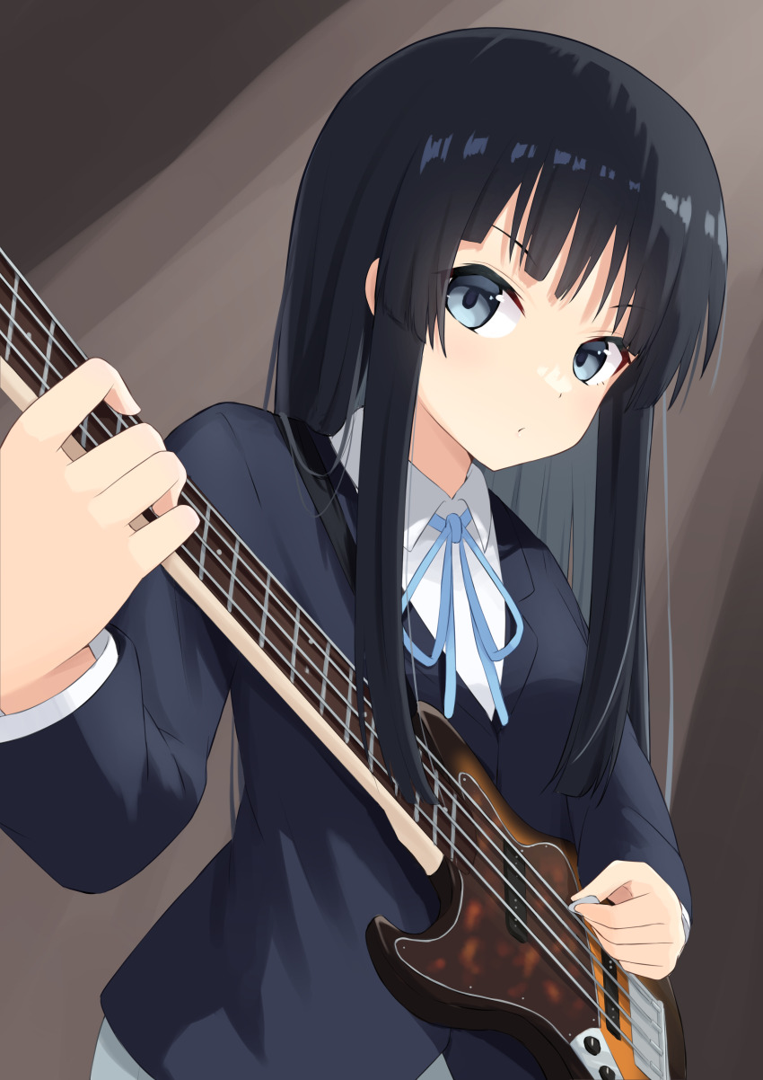 1girl, absurdres, akiyama_mio, bass_guitar, black_eyes, black_hair, blazer, blue_jacket
