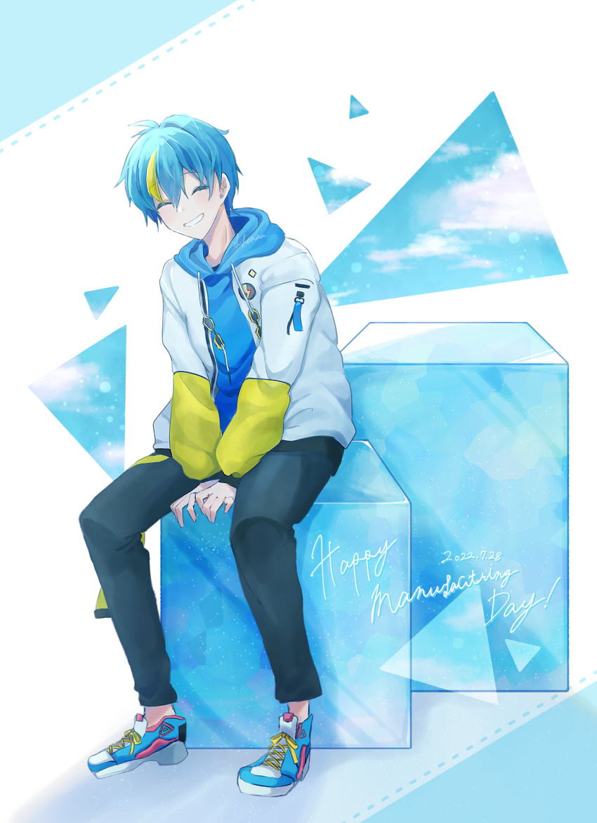 1boy, blue_background, blue_hair, closed_eyes, cobalt_(technoroid), colored_eyelashes, cube, facing_viewer