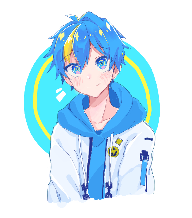 1boy, blue_background, blue_eyes, blue_hair, blue_hood, cobalt_(technoroid), hood, hood_down
