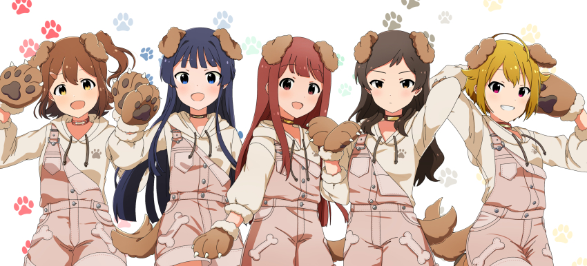 5girls, absurdres, animal_ears, animal_hands, blue_eyes, blue_hair, brown_eyes, brown_hair