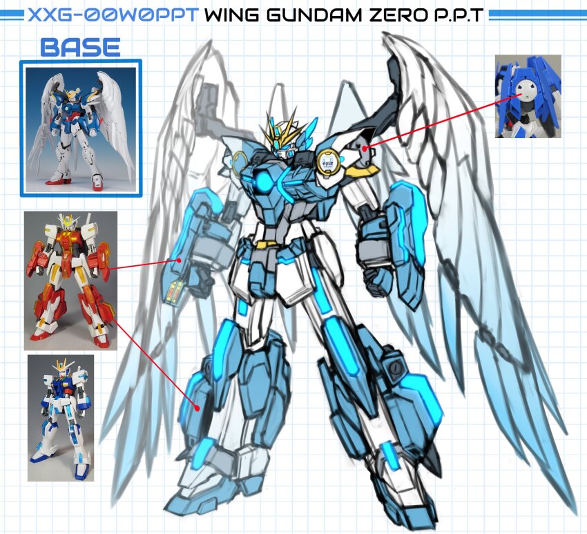 amane_kanata, blue_eyes, character_request, extreme_gundam, extreme_gundam_type_leo_xenon_phase, feathers, glowing, gundam, gundam_build_divers, gundam_build_divers_re:rise, gundam_extreme_vs., gundam_extreme_vs._2, gundam_extreme_vs._maxi_boost, gundam_wing, gundam_wing:_endless_waltz, highres, hololive, mecha, mechanical_wings, mobile_suit, no_humans, pinguinkotak, robot, solo, v-fin, virtual_youtuber, weapon, wing_gundam_zero_custom, wings