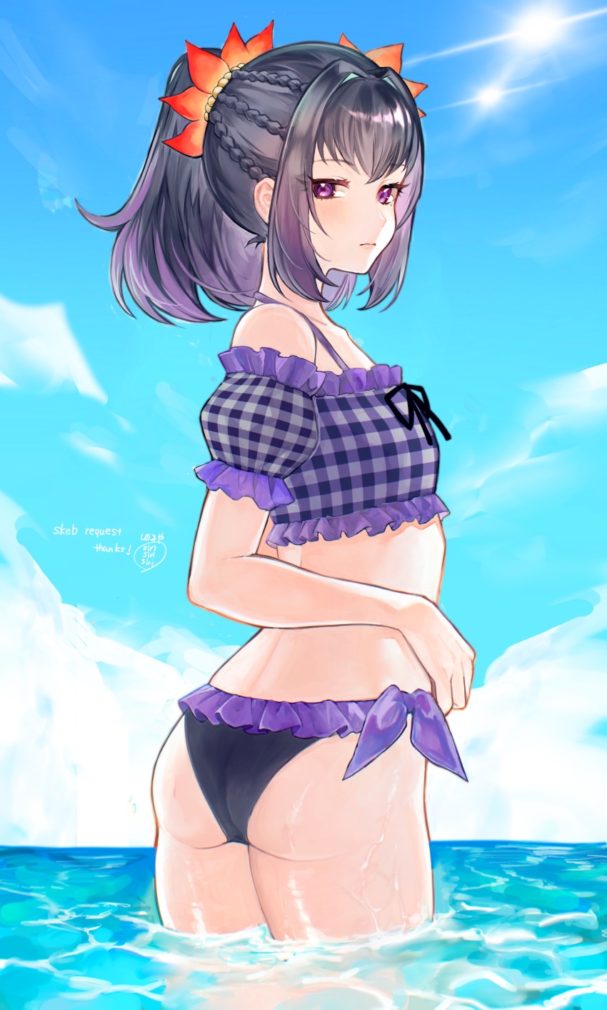 1girl, absurdres, ass, bikini, blue_sky, braid, commission, flower