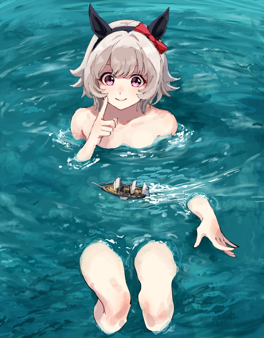 1girl, absurdres, animal_ears, bad_id, bad_twitter_id, bathing, bow, closed_mouth