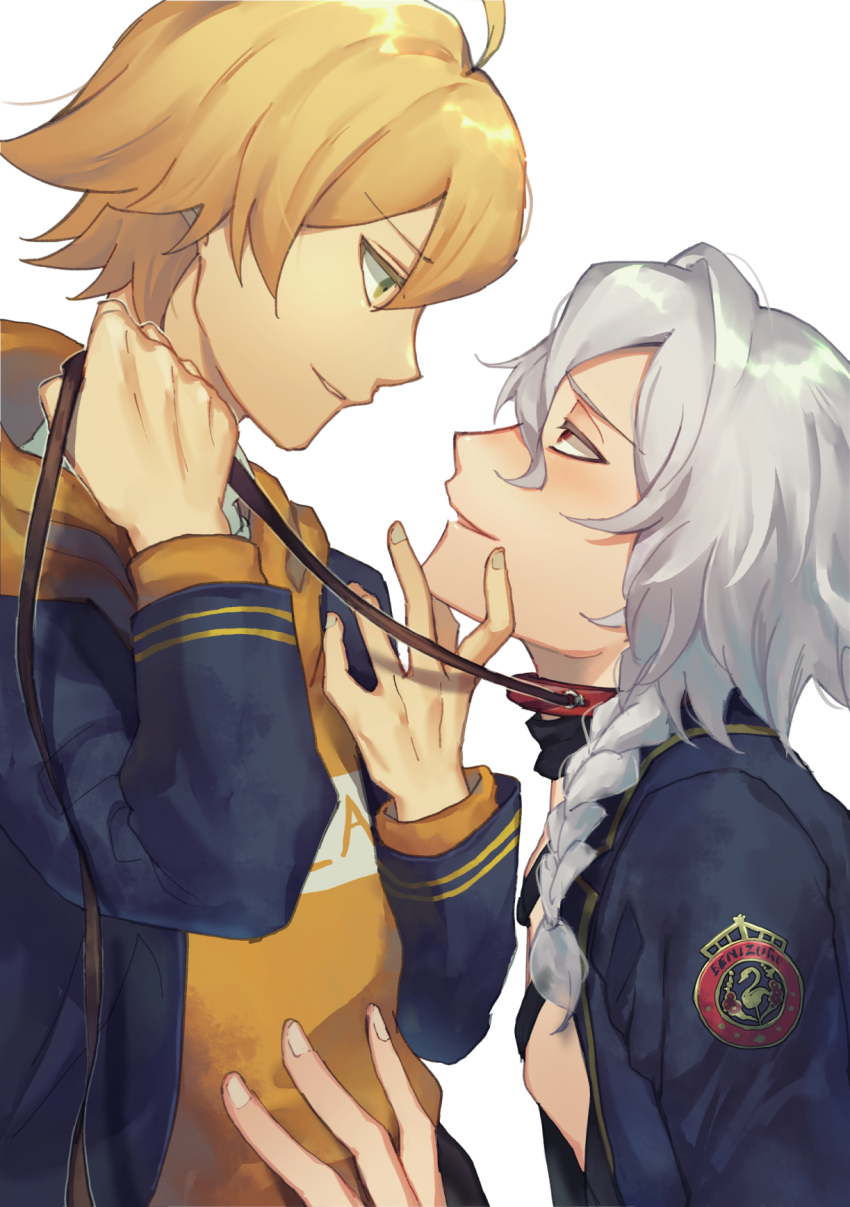 2boys, ahoge, asahi_sora, blonde_hair, blush, collar, dankira!!!, grey_hair