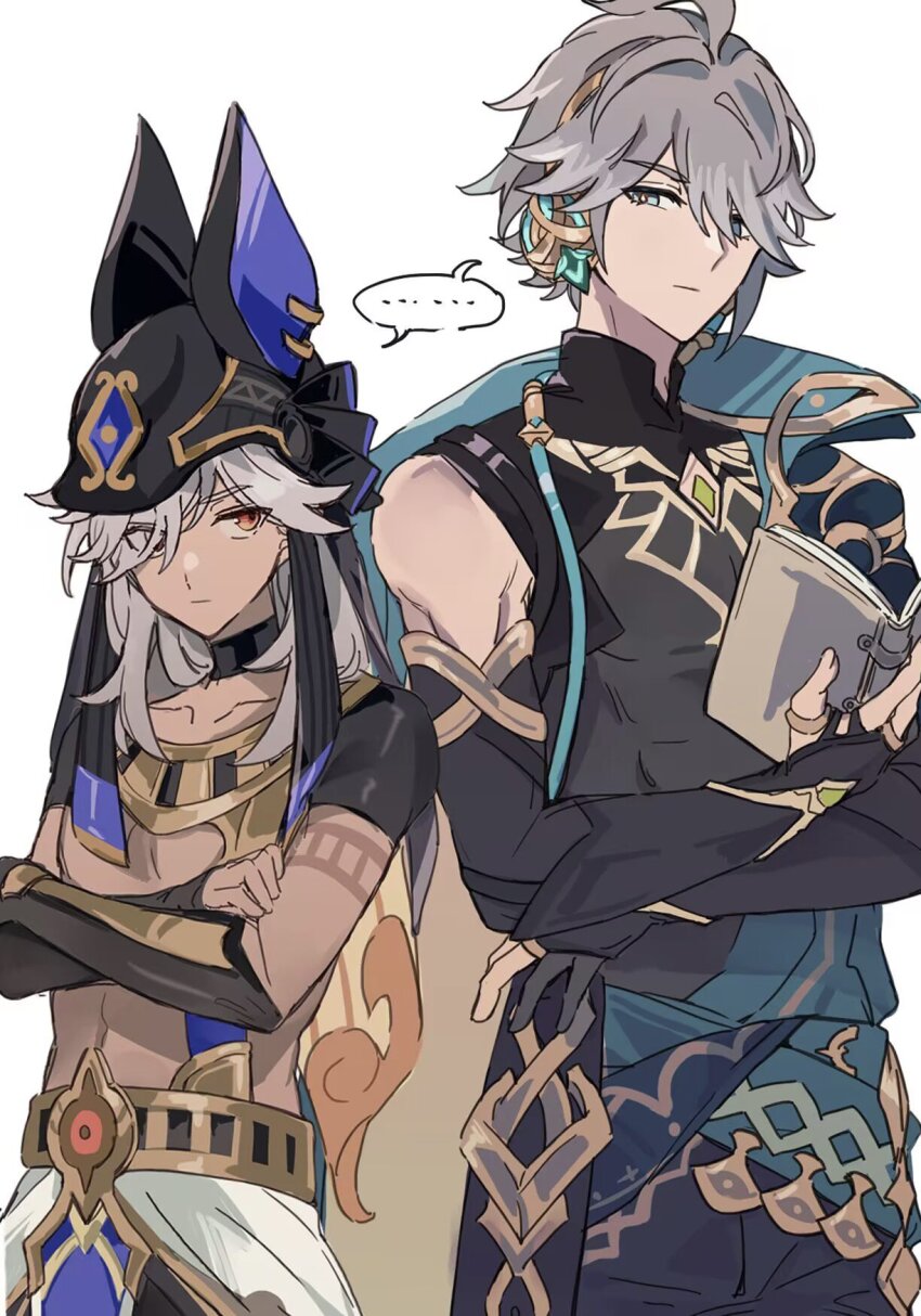 ..., alhaitham_(genshin_impact), ancient_egyptian_clothes, animal_hat, black_choker, black_gloves, black_headwear, blue_eyes