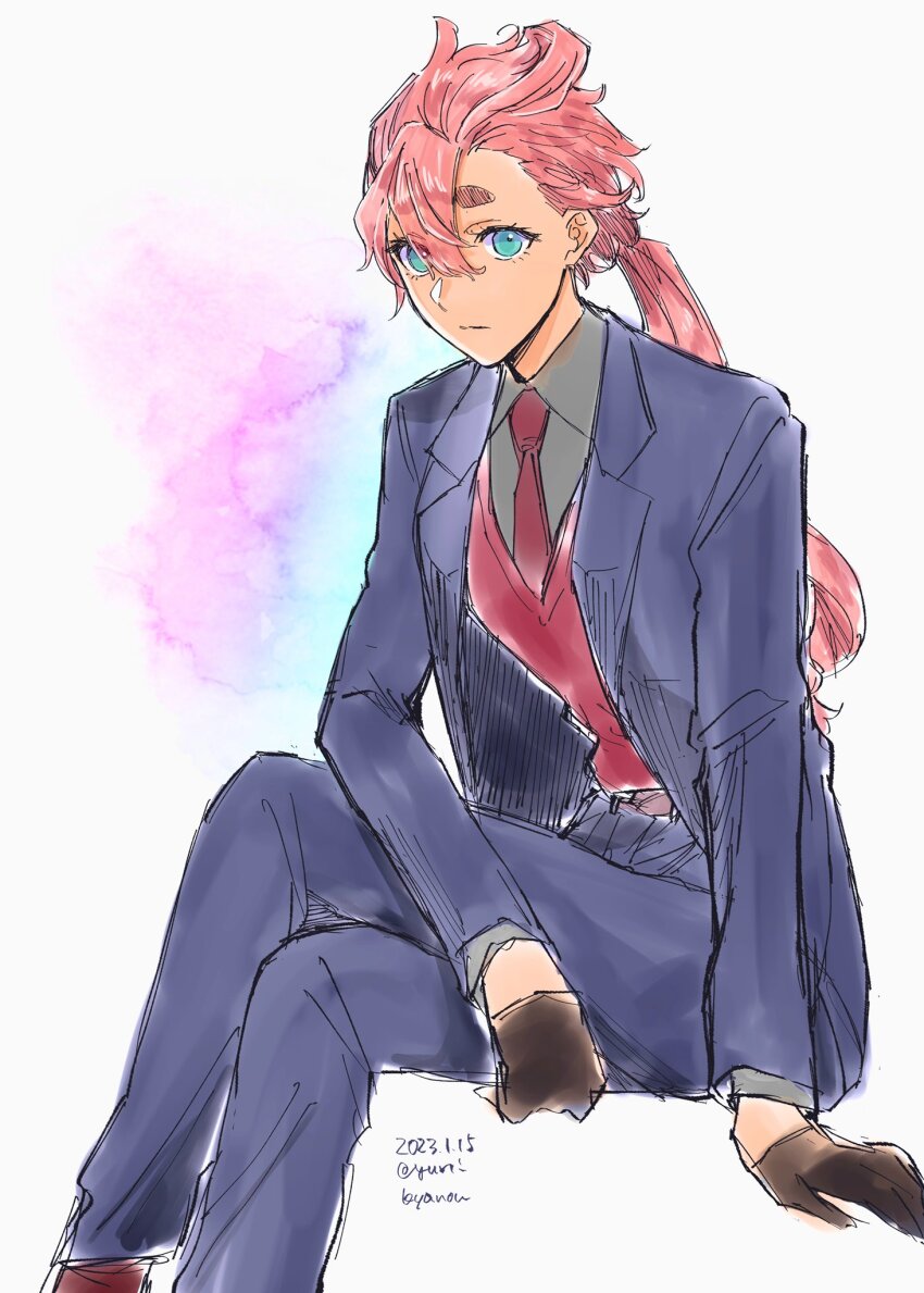 1girl, black_gloves, blue_eyes, blue_jacket, blue_pants, collared_shirt, cosplay, dark-skinned_female, dark_skin, dated, expressionless, gloves, grey_shirt, gundam, gundam:_hathaway's_flash, gundam_suisei_no_majo, hathaway_noa, hathaway_noa_(cosplay), highres, jacket, long_hair, long_sleeves, looking_at_viewer, low_ponytail, pants, ponytail, red_hair, red_vest, shirt, sitting, sketch, solo, suletta_mercury, twitter_username, very_long_hair, vest, yuri_kyanon