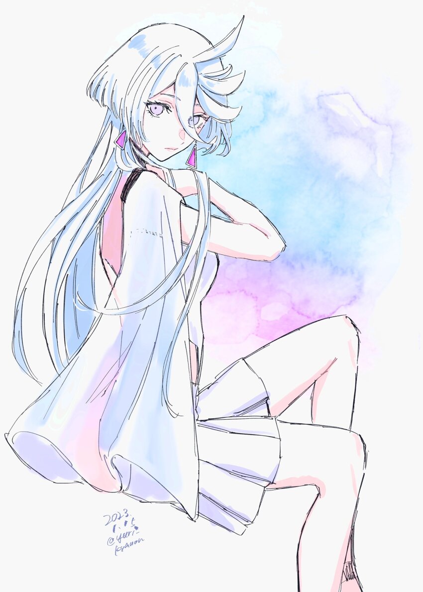 1girl, back_cutout, capelet, clothing_cutout, cosplay, dated, dress, earrings