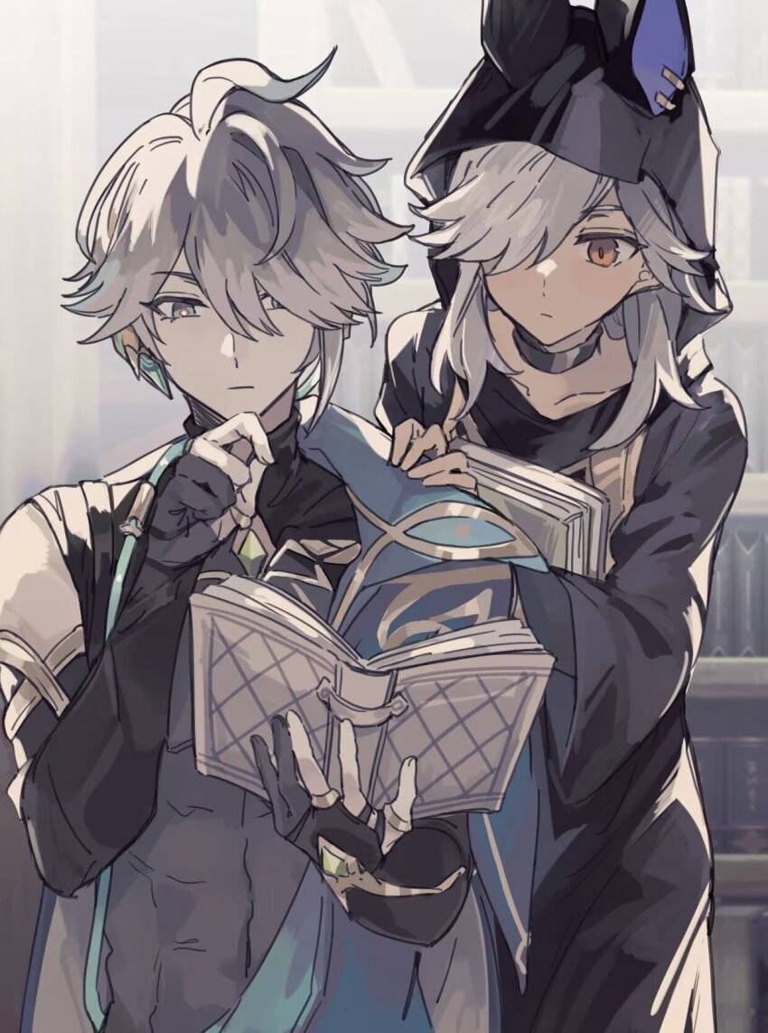 alhaitham_(genshin_impact), animal_hood, black_choker, black_cloak, black_gloves, book, bookshelf, cape, choker, cloak, closed_mouth, cyno_(genshin_impact), dark-skinned_male, dark_skin, detached_sleeves, eatsthgood, genshin_impact, gloves, grey_hair, hair_between_eyes, hair_over_one_eye, highres, holding, holding_book, hood, hood_up, hooded_cloak, long_hair, male_focus, open_book, partially_fingerless_gloves, red_eyes