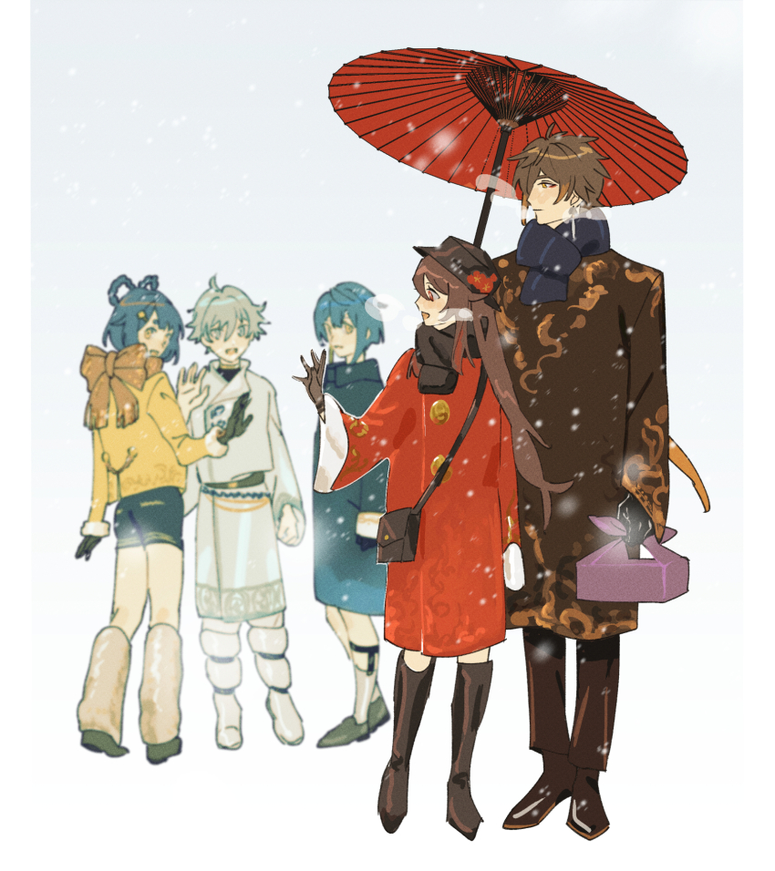 2girls, 3boys, akiraka_(n_l_m_g), alternate_costume, bag, black_gloves, blue_hair, blue_scarf, boots, breath, brown_hair, chongyun_(genshin_impact), coat, contemporary, earrings, flower, genshin_impact, gloves, hair_rings, hat, hat_flower, highres, holding, holding_umbrella, hu_tao_(genshin_impact), jewelry, knee_boots, light_blue_hair, long_hair, multiple_boys, multiple_girls, oil-paper_umbrella, pants, red_flower, scarf, shorts, snowing, tassel, tassel_earrings, twintails, umbrella, very_long_hair, waving, wide_sleeves, winter_clothes, xiangling_(genshin_impact), xingqiu_(genshin_impact), zhongli_(genshin_impact)