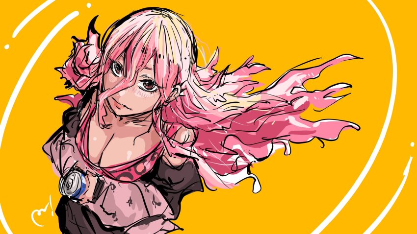 1girl, animal_print, bare_shoulders, blonde_hair, breasts, brown_jacket, can, choker, cleavage, commentary_request, denim, denim_shorts, ear_piercing, highres, holding, holding_can, jacket, jimoto_ni_kaettekitara_osananajimi_ga_kowareteta, kyouko_(jimoto_ni_kaettekitara_osananajimi_ga_kowareteta), large_breasts, leopard_print, long_hair, looking_up, multicolored_hair, piercing, pink_eyes, pink_hair, pink_shirt, popopopopo_0101, shirt, shorts, sitting, smile, spiked_choker, spikes, streaked_hair, yellow_background