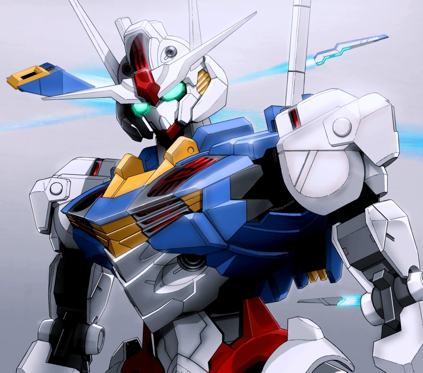 aron_e, bit_(gundam), commentary, exhaust, flying, funnels_(gundam), glowing, glowing_eyes