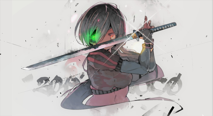 1girl, brown_eyes, brown_hair, camouflage, camouflage_jacket, cropped_jacket, eyepatch, glint