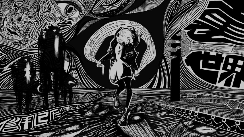 1girl, boots, braid, buttons, cevio, closed_mouth, commentary, cropped_jacket, disembodied_eye, disembodied_hand, disembodied_head, distortion, dress, floating_hair, flower, giant, giant_monster, greyscale, hagoromo, hair_flower, hair_ornament, hair_over_eyes, highres, holding, holding_unworn_clothes, hood, hood_down, hooded_jacket, jacket, kamitsubaki_studio, japanese_text, leggings, long_sleeves, medium_hair, monochrome, monster, multiple_others, nonopace, open_clothes, open_jacket, outline, planet, rime_(cevio), road, shadow, shawl, short_dress, side_braid, silhouette, sky, smile, solo_focus, standing, standing_on_one_leg, star_(sky), starry_sky, wide_shot