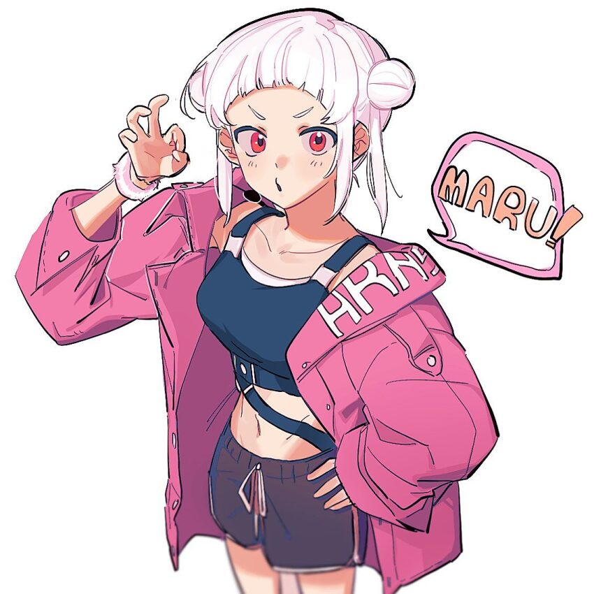 1girl, 59_(garigari_hodu), arashi_chisato, black_shorts, bracelet, breasts, catchphrase, collarbone, dolphin_shorts, double_bun, gym_shorts, hair_behind_ear, hair_bun, hand_on_own_hip, jewelry, long_sleeves, love_live!, love_live!_superstar!!, medium_breasts, medium_hair, midriff, navel, ok_sign, open_mouth, red_eyes, shorts, sleeves_past_wrists, solo, speech_bubble, twintails, v-shaped_eyebrows, white_background, white_hair