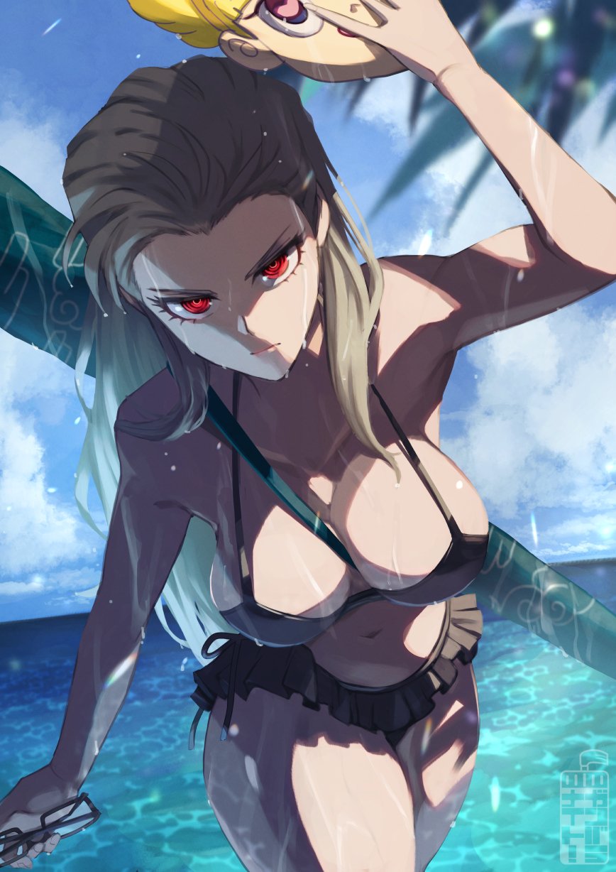 1girl, bikini, black_bikini, breasts, closed_mouth, cloud, cowboy_shot, danganronpa_(series), danganronpa_2:_goodbye_despair, day, frilled_bikini, frills, grey_hair, hair_down, hair_slicked_back, halterneck, hand_up, highres, holding, holding_mask, holding_removed_eyewear, large_breasts, leaning_forward, long_hair, looking_at_viewer, mask, no_eyewear, ocean, palm_tree, pekoyama_peko, red_eyes, serious, solo, swimsuit, teria_(teriarian), tree, unworn_eyewear, weapon_bag, wet