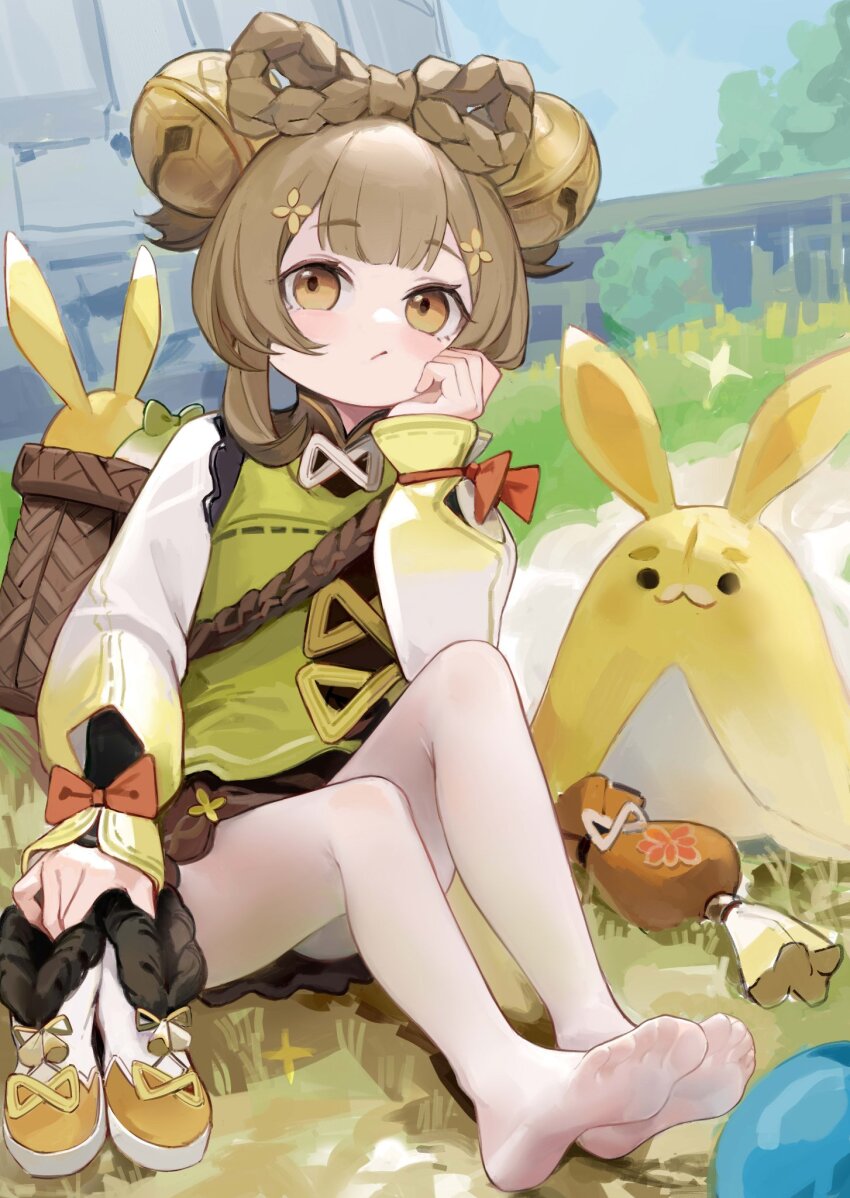 1girl, backpack_basket, basket, bell, bow, braid, brown_hair, feet