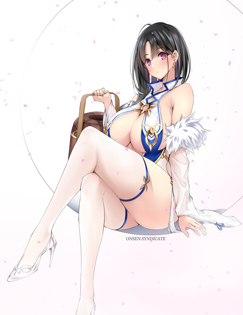 1girl, absurdres, ahoge, arm_support, artist_name, azur_lane, bare_shoulders, black_hair