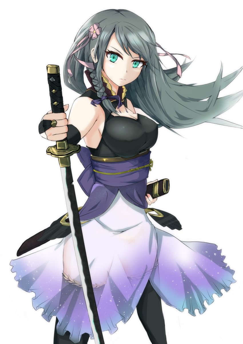 1girl, braid, green_eyes, grey_hair, hair_ornament, highres, holding, holding_sword