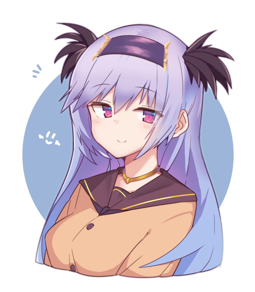 1girl, azu_ankoowl, closed_mouth, hair_ornament, hairband, highres, long_hair, looking_at_viewer, purple_eyes, purple_hair, school_uniform, smile, tenka_hyakken, yumekiri_kunimune_(tenka_hyakken)