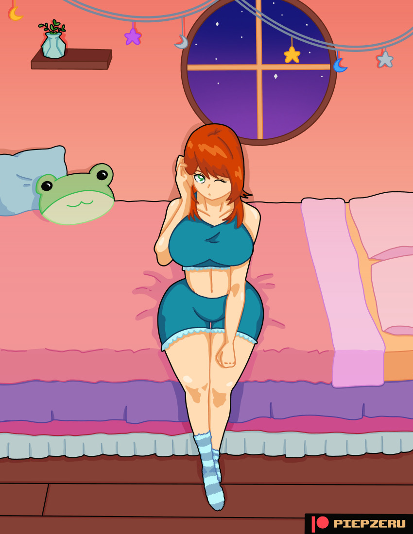 1girl, absurdres, bedroom, blue_eyes, breasts, fuzzy_socks, highres, large_breasts