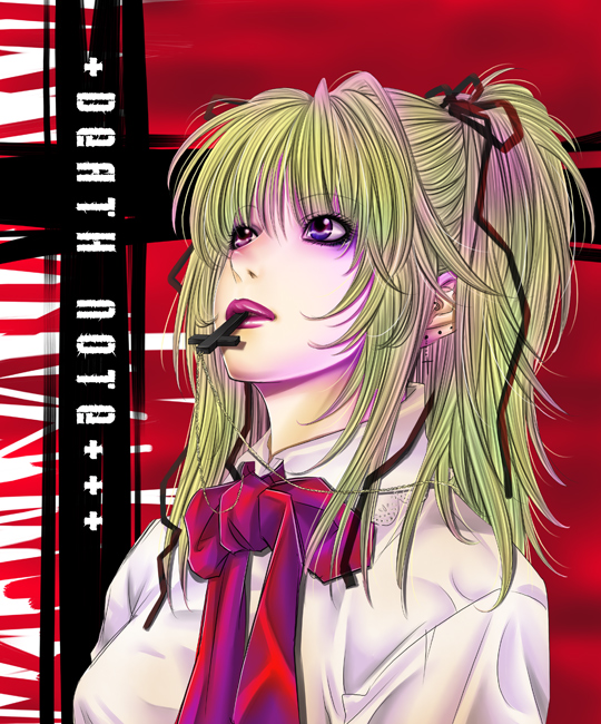 amane_misa, blonde_hair, cross, death_note, earrings, gothic_lolita, hair_ribbon, jewelry