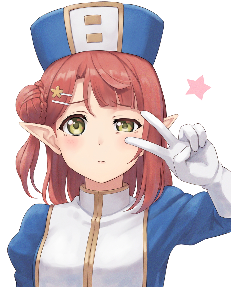 1girl, alternate_costume, blue_hat, blue_jacket, botan_m, breasts, cosplay, dot_nose, gloves, hair_bun, hair_ornament, hairclip, hand_up, hat, highres, jacket, karla_(kono_healer_mendokusai), kono_healer_mendokusai, light_blush, light_frown, long_sleeves, looking_at_viewer, love_live!, love_live!_nijigasaki_high_school_idol_club, medium_breasts, oonishi_aguri, pink_hair, pointy_ears, short_hair, simple_background, solo, star_(symbol), star_hair_ornament, uehara_ayumu, upper_body, v, voice_actor_connection, white_background, white_gloves, yellow_eyes