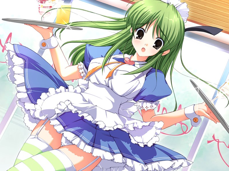 1girl, apron, blush, female_focus, festa!!_hyper_girls_pop, food, game_cg, green_eyes