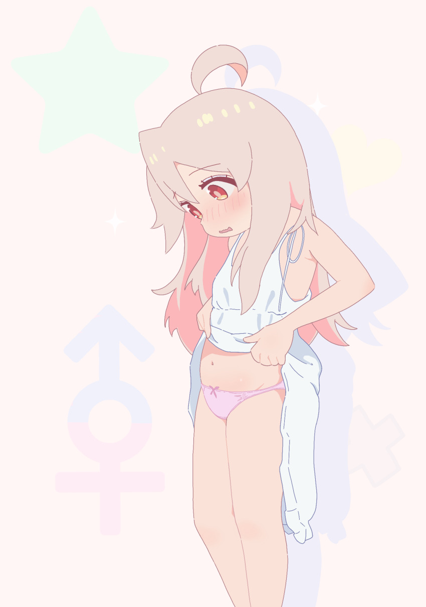 1girl, ahoge, blush, bow, bow_panties, brown_eyes, brown_hair, clothes_lift, dainaru, dress, dress_lift, female_focus, highres, lifting_own_clothes, loli, long_hair, looking_down, male-female_symbol, navel, onii-chan_wa_oshimai!, open_mouth, oyama_mahiro, panties, pink_panties, simple_background, sleeveless, sleeveless_dress, solo, standing, sundress, thighs, underwear, white_background, white_dress