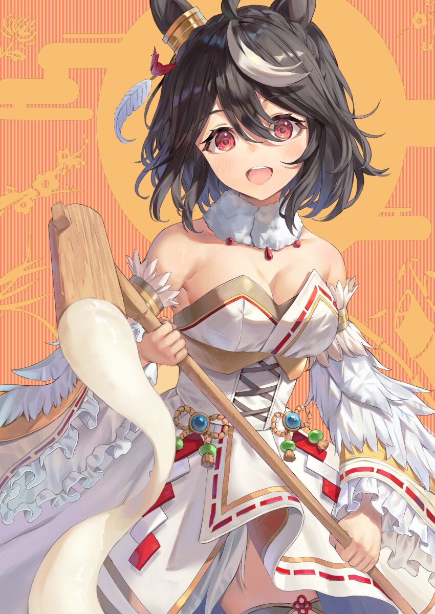 1girl, ahoge, animal_ears, bare_shoulders, black_hair, breasts, cleavage, cowboy_shot