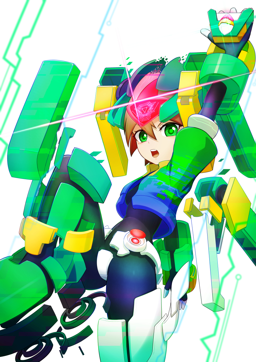 1girl, absurdres, aile_(mega_man_zx), black_bodysuit, bodysuit, breasts, brown_hair, crop_top, cropped_jacket, female_focus, forehead_jewel, green_eyes, guchagucha, helmet, henshin, highres, medium_breasts, mega_man_(series), mega_man_x_(series), mega_man_x_dive, mega_man_zx, model_h, model_hx_(mega_man), short_hair, skin_tight, tagme, transformation
