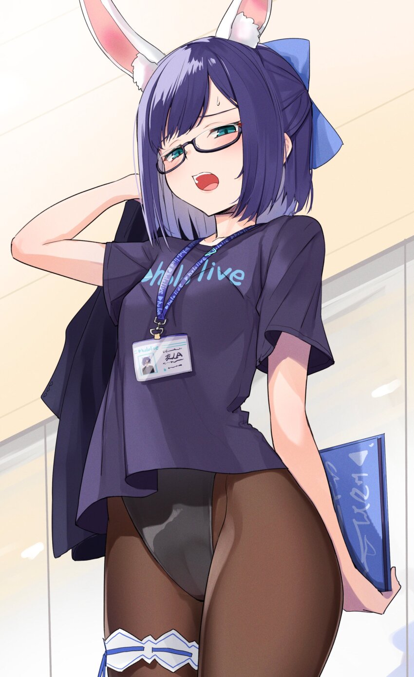 1girl, a-chan_(hololive), absurdres, animal_ears, black-framed_eyewear, blue_bow, blue_eyes, blue_hair, blush, bow, breasts, cameltoe, cosplay, fake_animal_ears, frilled_thigh_strap, glasses, hair_bow, highres, hololive, id_card, lanyard, looking_at_viewer, open_mouth, pantyhose, playboy_bunny, rabbit_ears, shirt, short_hair, small_breasts, solo, thigh_strap, usada_pekora, usada_pekora_(cosplay), virtual_youtuber, yuuzuki_(re'ef)