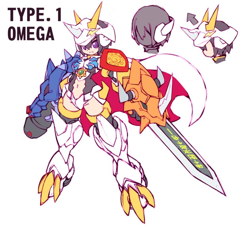arm_blade, arm_cannon, armor, black_hair, cannon, clothing_cutout, crotch_plate, digimon