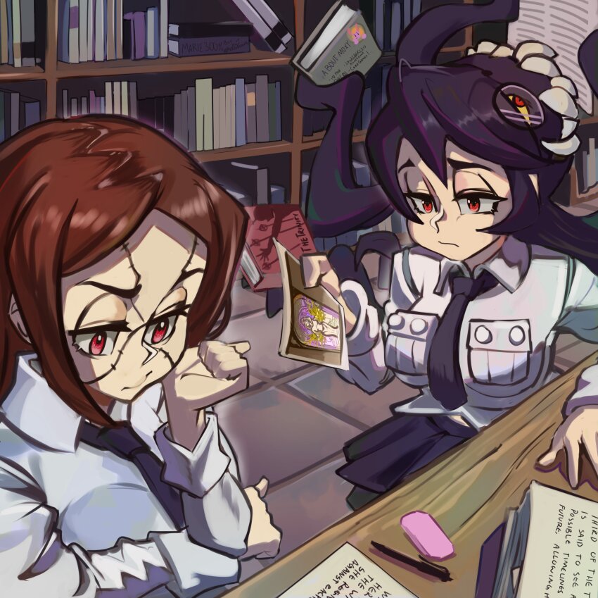 2girls, absurdres, book, carol_(skullgirls), eraser, filia_(skullgirls), glasses, hand_on_own_face, highres, indoors, library, looking_at_another, mother_(skullgirls), moxydraws, multiple_girls, necktie, painwheel_(skullgirls), pen, photo_(object), pleated_skirt, prehensile_hair, red_eyes, samson_(skullgirls), scar, school_uniform, sitting, skirt, skullgirls, table