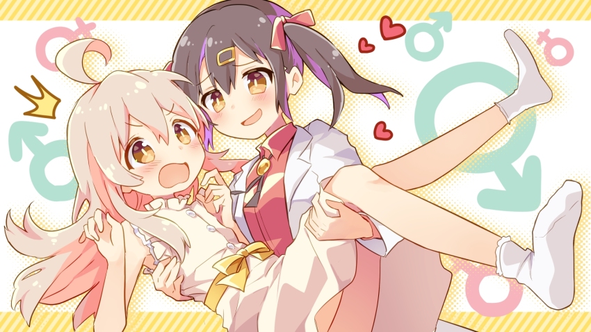 2girls, ahoge, black_hair, blush, carrying, commentary, dress, genderswap