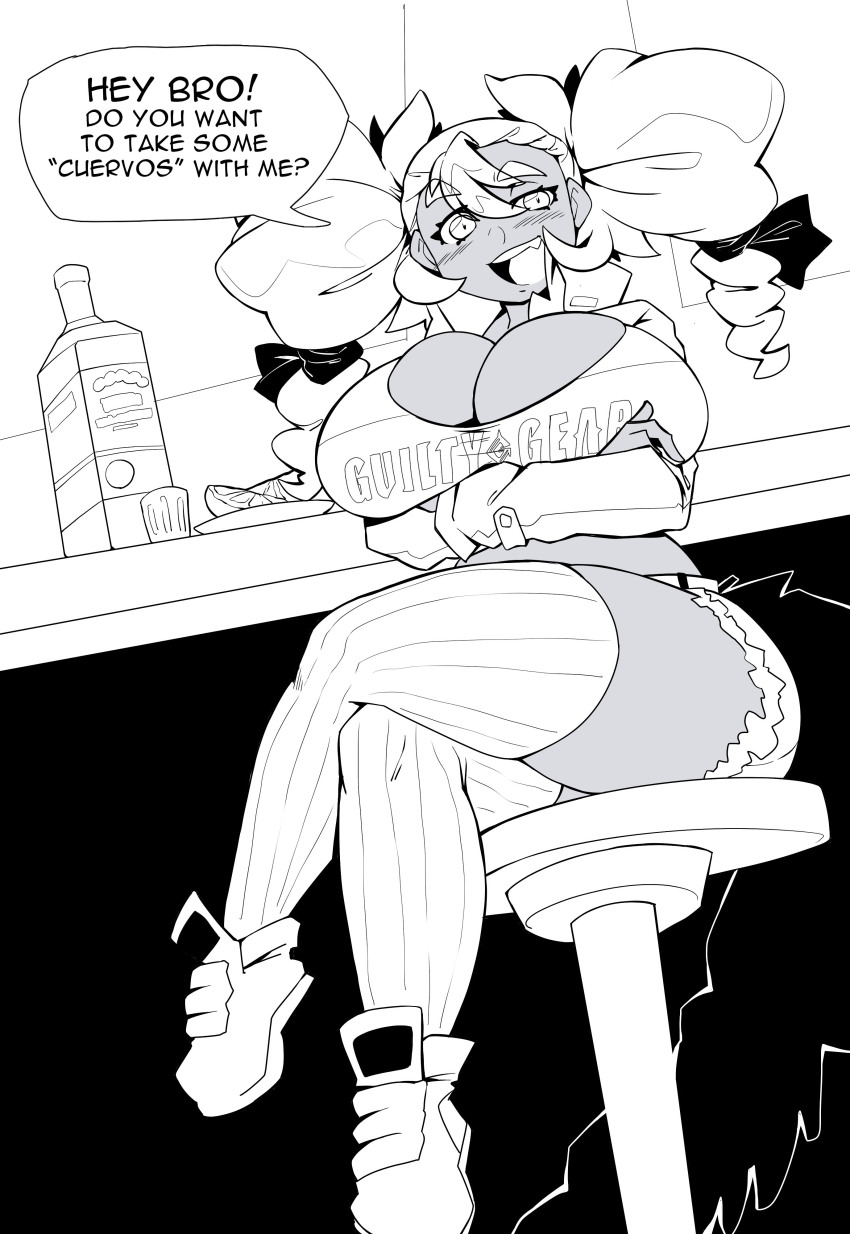 1girl, absurdres, alcohol, arms_under_breasts, ass, blush, bottle, bow