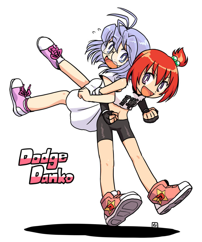 2girls, :d, bike_shorts, black_gloves, black_shorts, dress, elbow_gloves, flying_sweatdrops