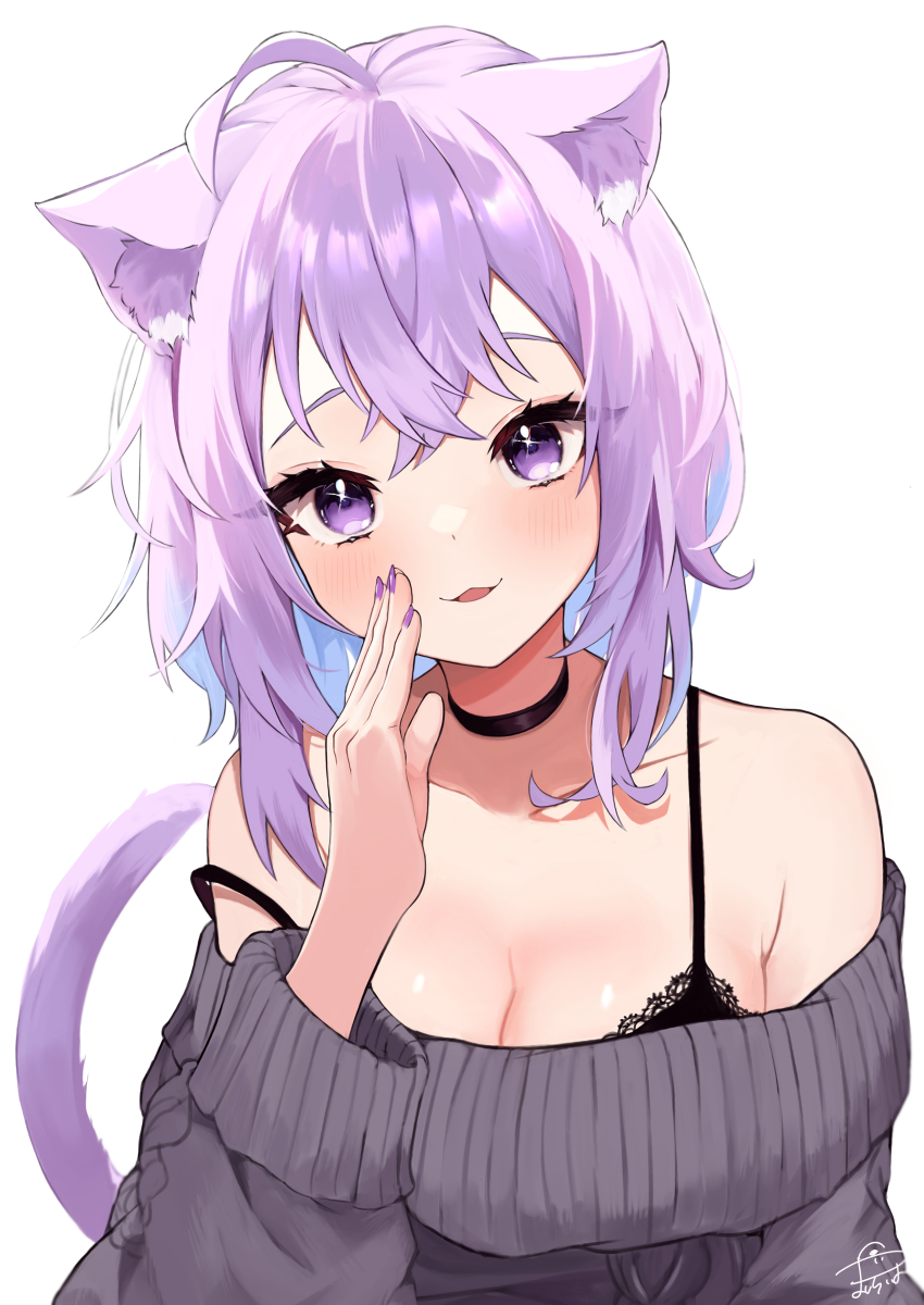 1girl, :3, absurdres, ahoge, animal_ear_fluff, animal_ears, aran_sweater, black_bra