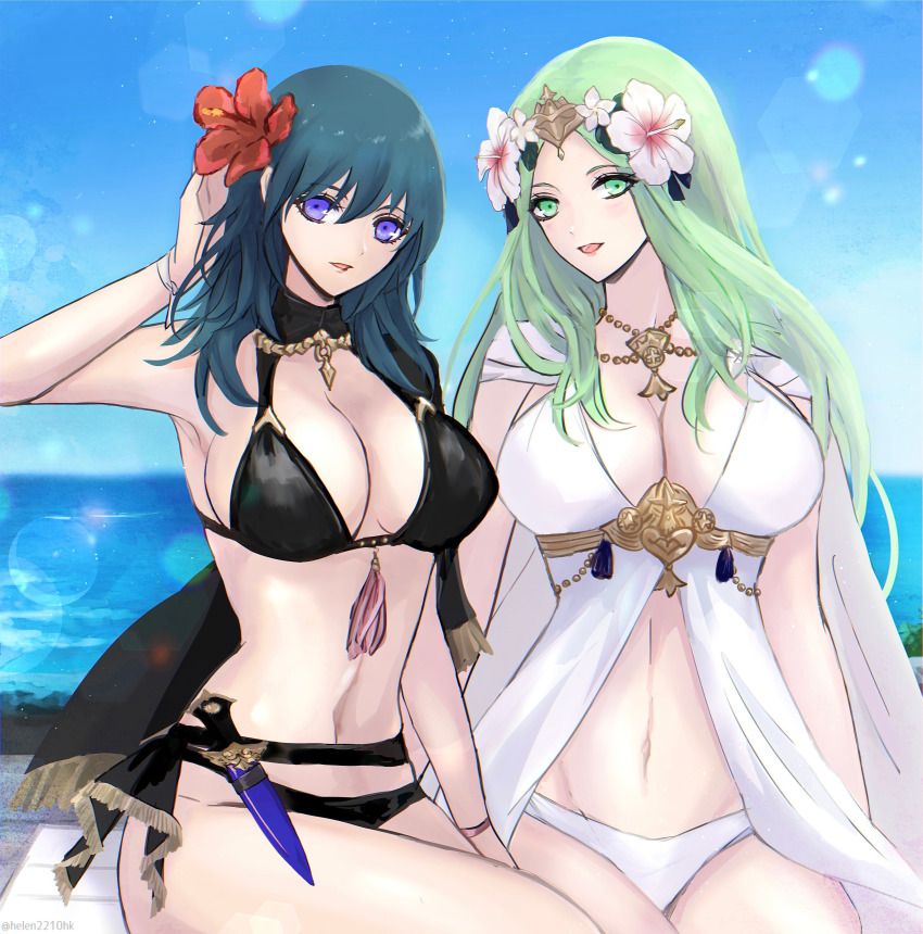 2girls, :d, absurdres, bare_arms, bare_shoulders, bikini, black_bikini, blue_eyes, blue_hair, blue_sky, breasts, female_byleth_(fire_emblem), female_byleth_(summer)_(fire_emblem), cloud, commentary_request, dagger, day, fire_emblem, fire_emblem:_three_houses, fire_emblem_heroes, flower, green_eyes, green_hair, hair_flower, hair_ornament, helen_(helen2210hk), hibiscus, highres, knife, large_breasts, lens_flare, long_hair, looking_at_viewer, multiple_girls, navel, nintendo, ocean, official_alternate_costume, open_mouth, red_flower, rhea_(fire_emblem), rhea_(summer)_(fire_emblem), sitting, sky, smile, stomach, swimsuit, thighs, very_long_hair, water, weapon, white_bikini, white_flower