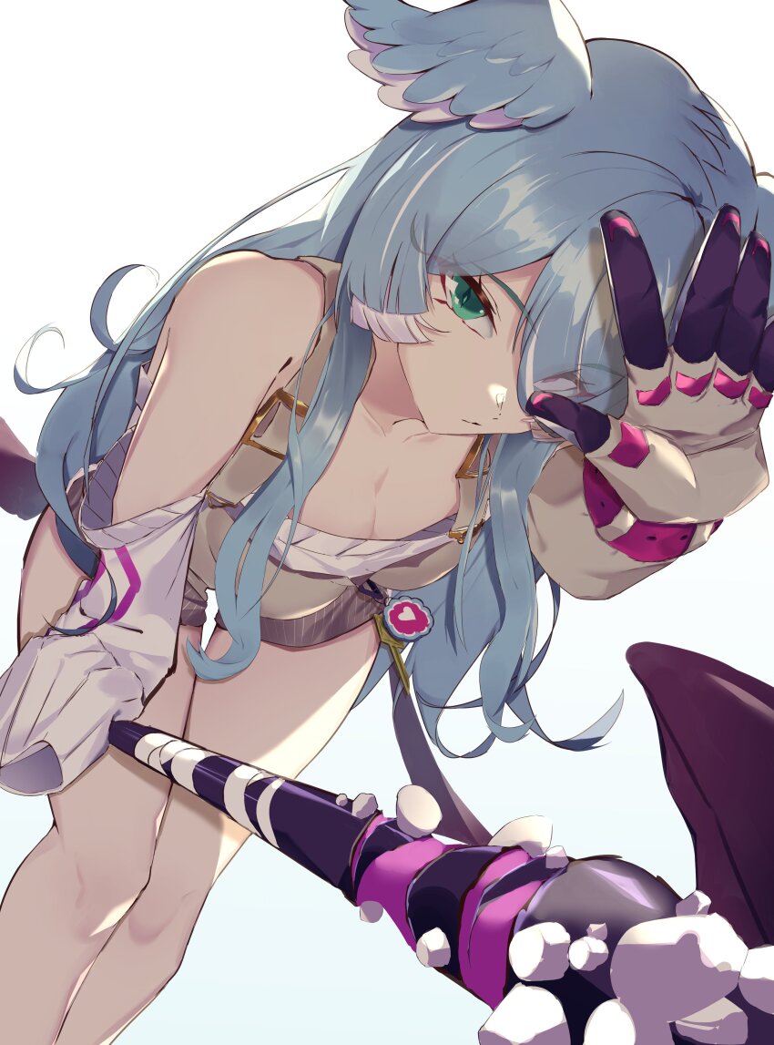 1girl, absurdres, aqua_eyes, baseball_bat, blue_hair, breasts, cleavage, elira_pendora, elira_pendora_(1st_costume), eyes_visible_through_hair, gloves, hair_over_one_eye, head_wings, heterochromia, highres, leaning_forward, long_hair, looking_at_viewer, maqi2222, medium_breasts, nijisanji, nijisanji_en, off_shoulder, overalls, pink_eyes, simple_background, single_glove, solo, spiked_bat, sweater, virtual_youtuber, white_background, wings
