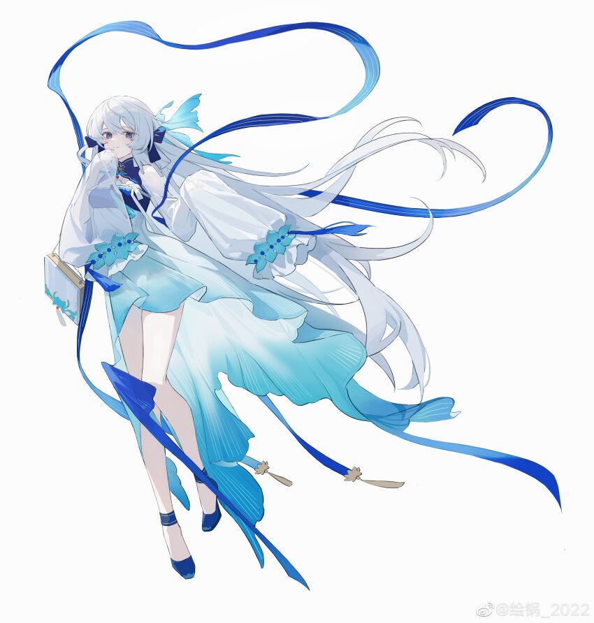 1girl, absurdres, arknights, bag, blue_bow, blue_dress, blue_eyes, blue_ribbon