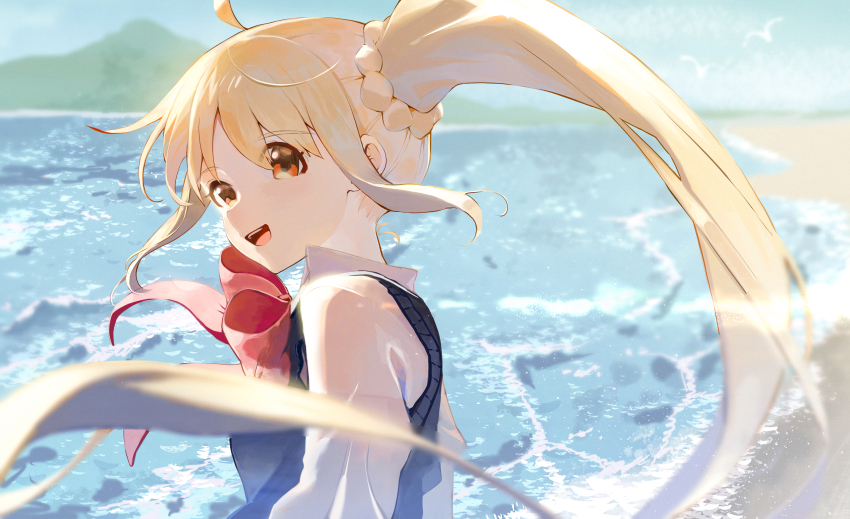 :d, absurdres, ahoge, beach, blonde_hair, bocchi_the_rock!, bow, highres, ijichi_nijika, kurehalxxx, looking_at_viewer, mountain, open_mouth, red_bow, red_eyes, red_ribbon, ribbon, sand, school_uniform, side_ponytail, smile, summer, waves